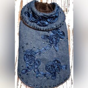 Stylish Denim Dog Coat with Blue Floral Design Large
